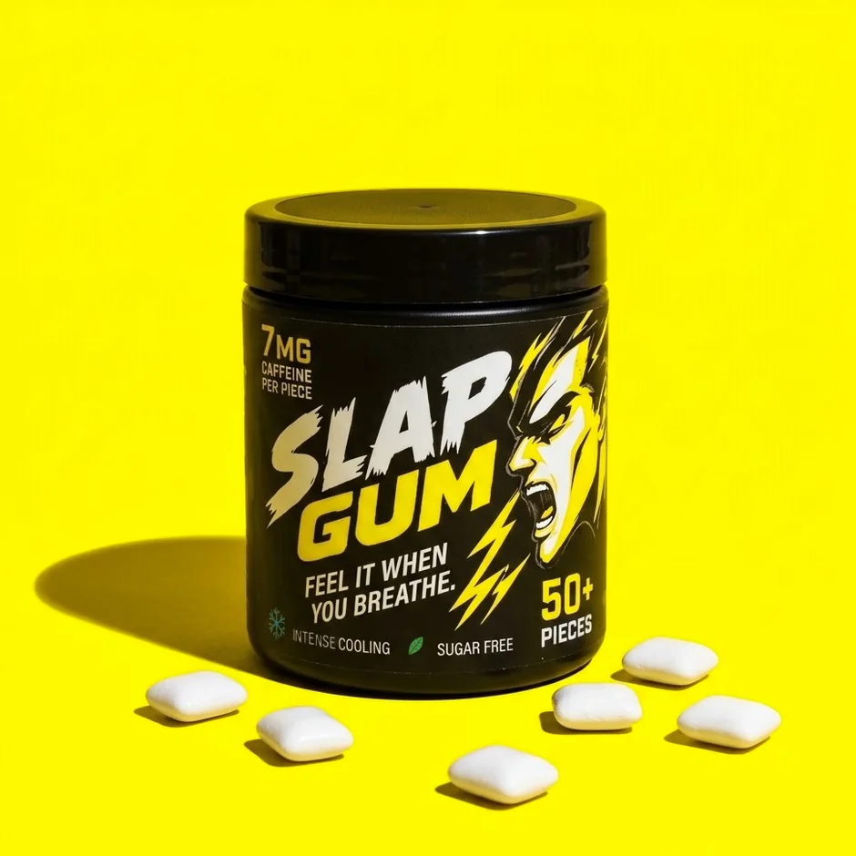 Black SLAP GUM tub with white gum pieces on a yellow background